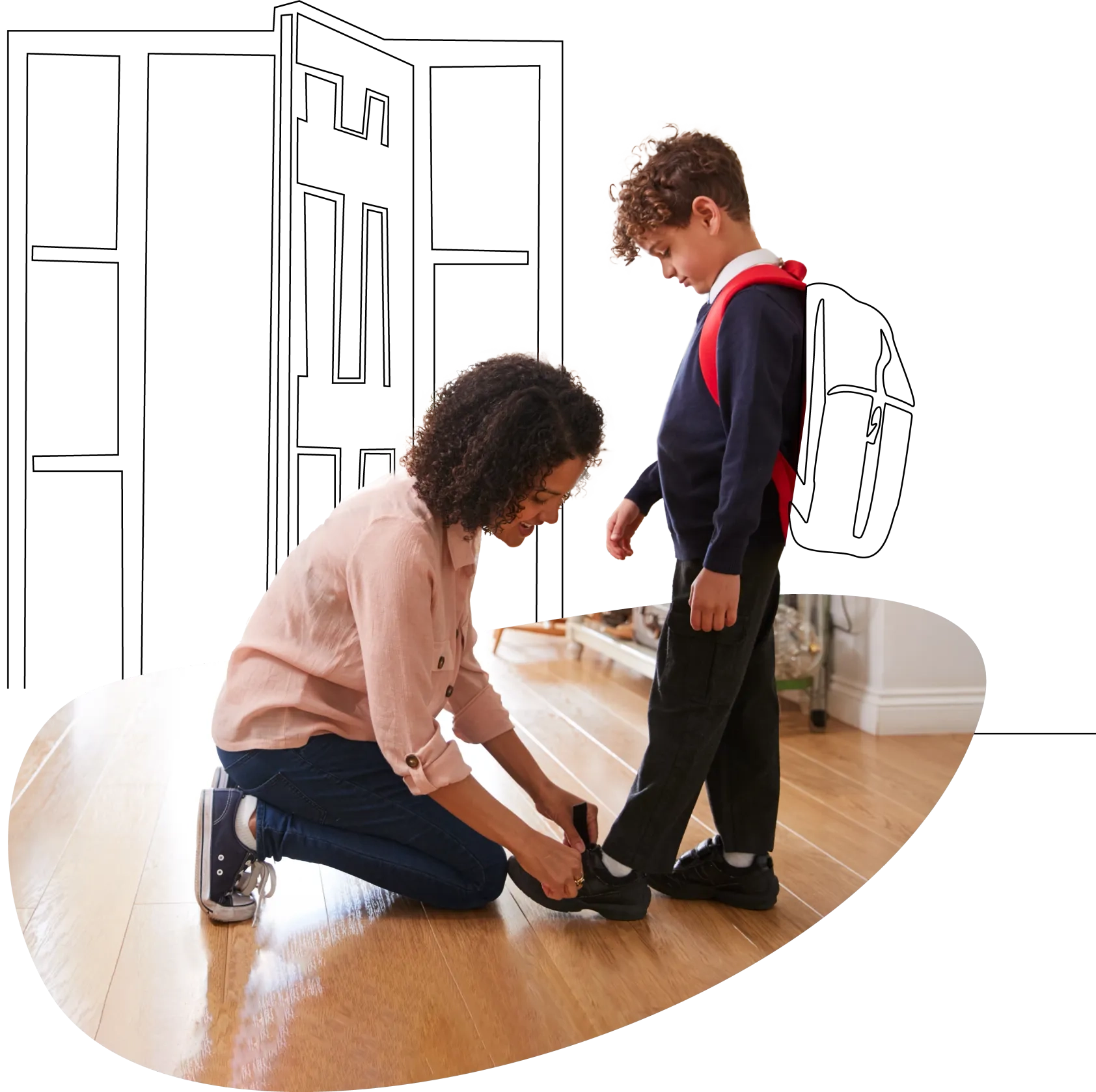 Woman tying boys shoes