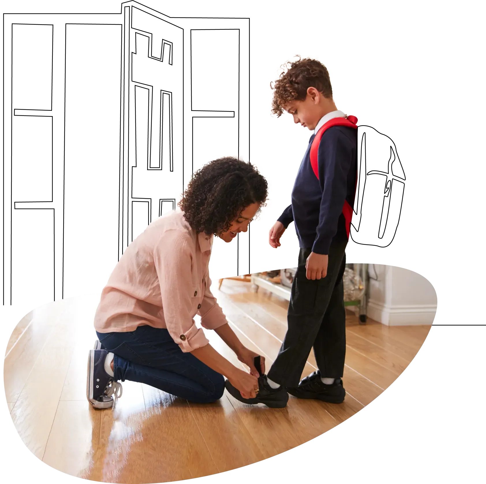 Woman tying boys shoes